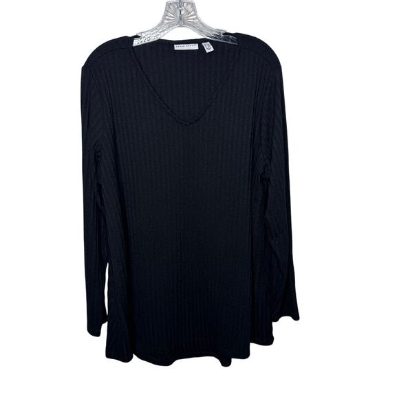 Susan Graver Women’s 1X Black Ribbed Knit Long Sleeve V-Neck Stretch Top - Picture 1 of 7